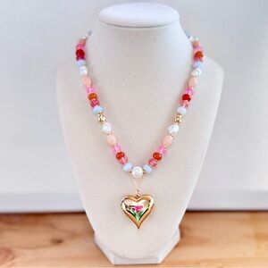 Beaded Gold Heart Pendant Necklace | Statement | Anthropologie Inspired | NWT